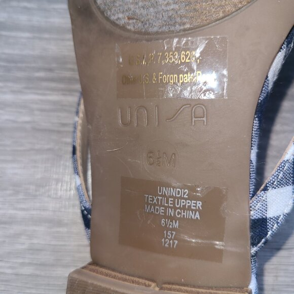 Unisa Sandals Blue White Checkered Flats Bow Sz 6.5M Country Chic Slip On - Picture 6 of 6